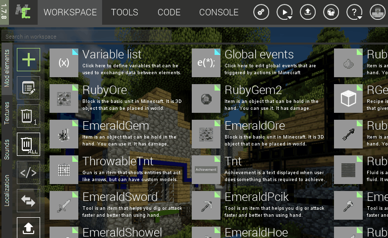 Improved workspace view in MCreator 1.7.8