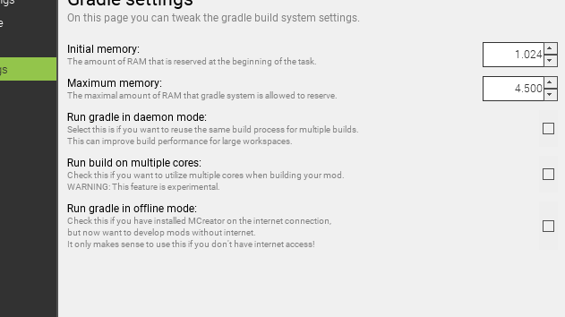 New MCreator Gradle build options