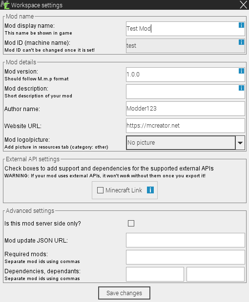 New workspace settings dialog